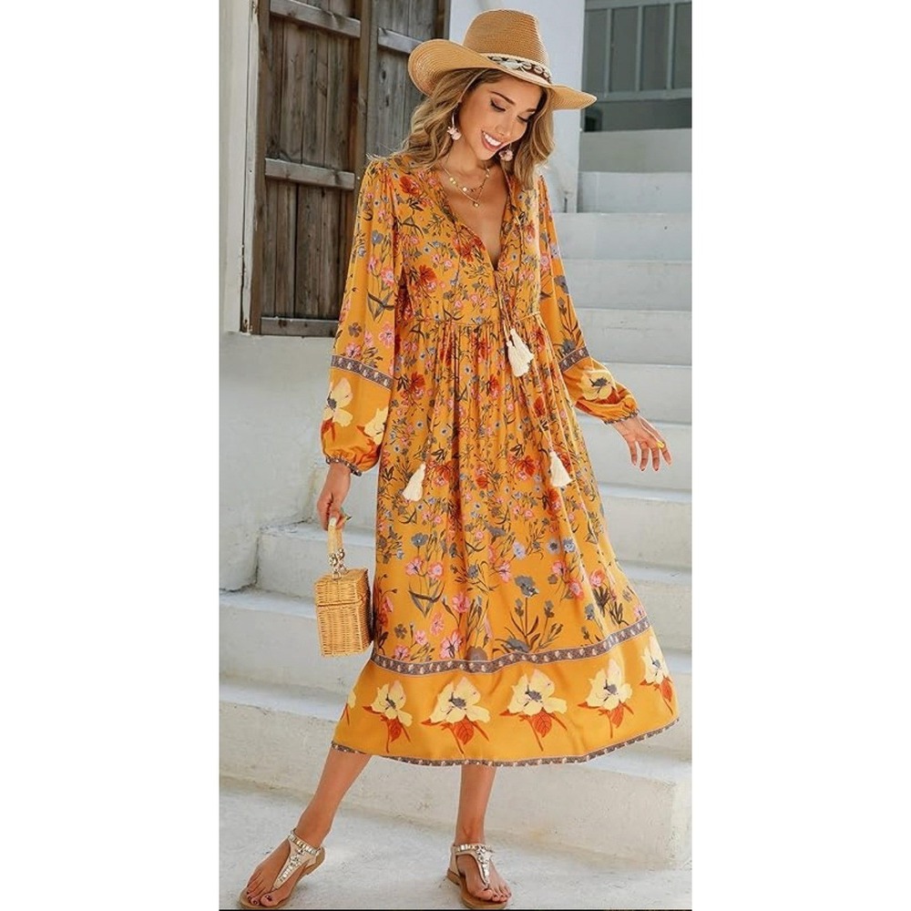 R. Vivimos Rayon Orange Pink Grey Floral Long Sleeve Peasant Boho Maxi Dress 2XL